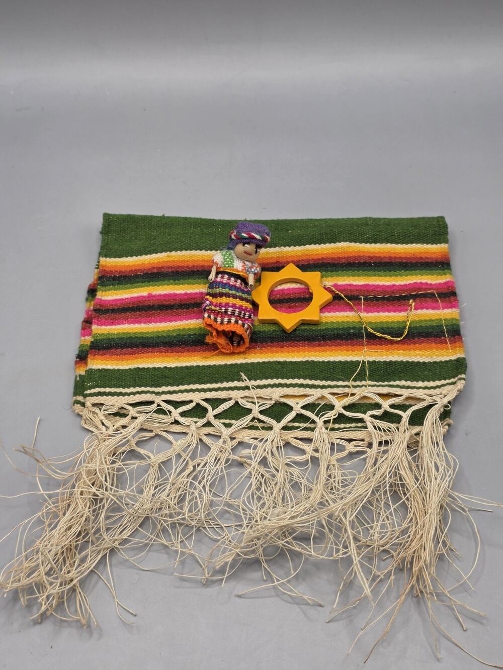 Vintage Guatemalan Hand Woven Textile, Bookmark Worry Doll,Mayan Sun Folk Art